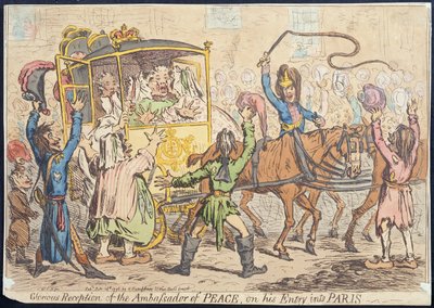 Glorieuze ontvangst van de ambassadeur van vrede bij zijn intrede in Parijs, gepubliceerd door Hannah Humphrey in 1796 door James Gillray